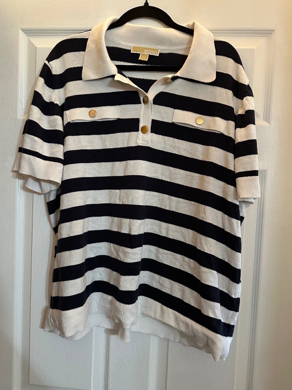 Michael Kors Navy White Striped Knit Polo Top Gold Buttons 3X